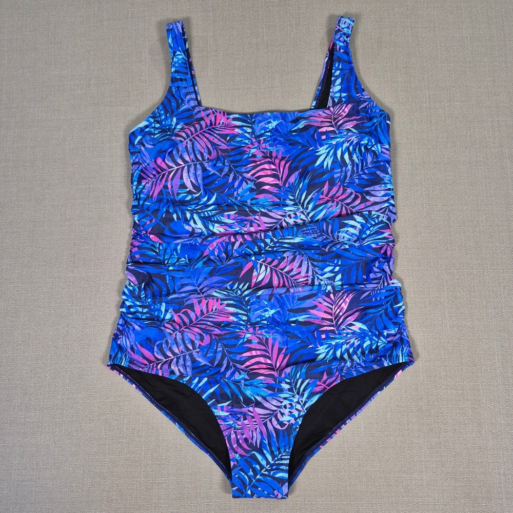 Daci Womens Plus Size 18W One Piece Swimsuit Tropical Leaf Tummy Control Blue